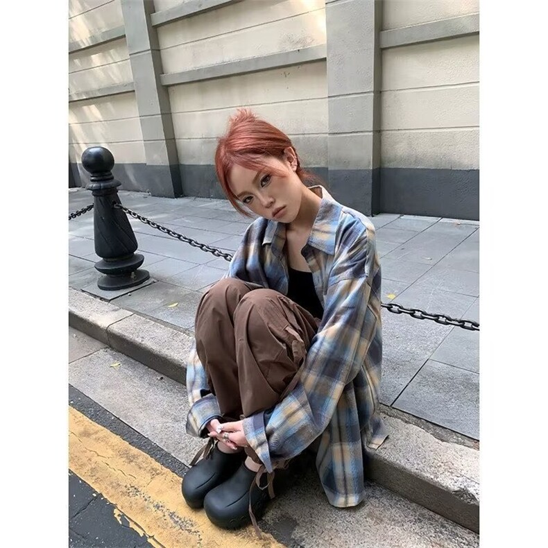 CT1002长袖衬衫美式复古蓝色格子衬衫男女春秋宽松长袖衬衣,男装衬衫,星座218-1（原230）