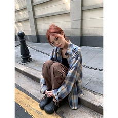 CT1002长袖衬衫美式复古蓝色格子衬衫男女春秋宽松长袖衬衣，男装衬衫，星座218-1（原230）