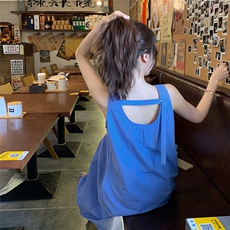 蓝色法式休闲减龄背心连衣裙女2025夏新款度假风宽松显瘦直筒长裙，女装连衣裙，2C218