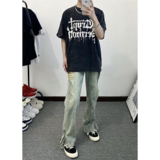 B221美式ins高街暗黑系拉链设计破洞牛仔裤LK23070-P65控88，男装牛仔裤，电商B221