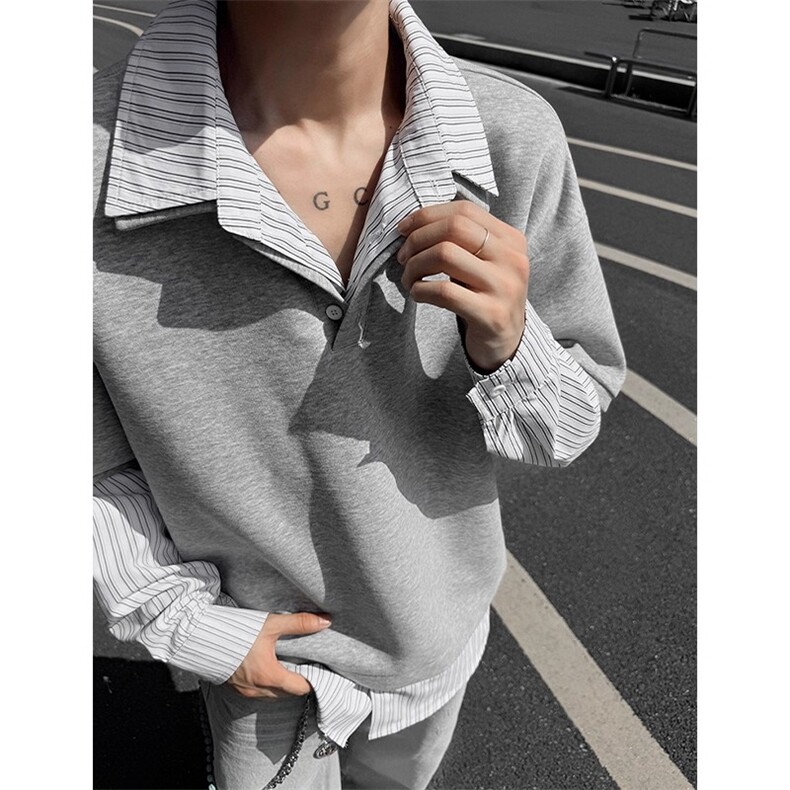 假两件polo衫男秋季叠穿拼接条纹衬衫新款青少年衬衣，男装Polo衫，四季星座505