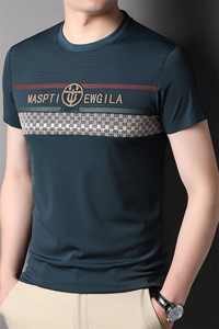 中年男装t恤2023夏装新款短袖POLO打底衫商务休闲圆领条纹男装潮图片