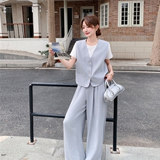 蕾丝拼接西装马甲套装女2025夏季新款韩系超火减龄阔腿长裤两件套，女装套装/套裙，2C095