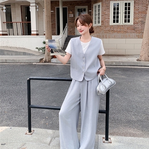 蕾丝拼接西装马甲套装女2025夏季新款韩系超火减龄阔腿长裤两件套图片