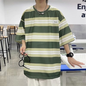 条纹短袖t恤男夏新款港风百搭半袖日系宽松圆领五分袖  T699-P20图片