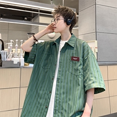 美式复古港风条纹衬衫青少年情侣宽松上衣XZ225-3-CS02-P35控48，男装衬衫，星座225-3