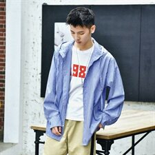 709-C807-P6020秋新款港风情侣连帽条纹休闲衬衣防晒衣，男装衬衫，星座709