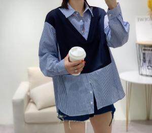 秋季新款韩版新款拼色百搭打底衫衬衫，女装衬衫，久久索衣缘