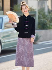 现货2025秋装新款气质夹棉新中式上衣外套紫色半裙两件套女，女装套装/套裙，时尚风爆