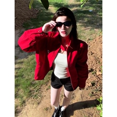 美式覆古红色棒球服外套女春秋2025新款巨好看早秋季开衫夹克上衣，男装夹克，星座506A
