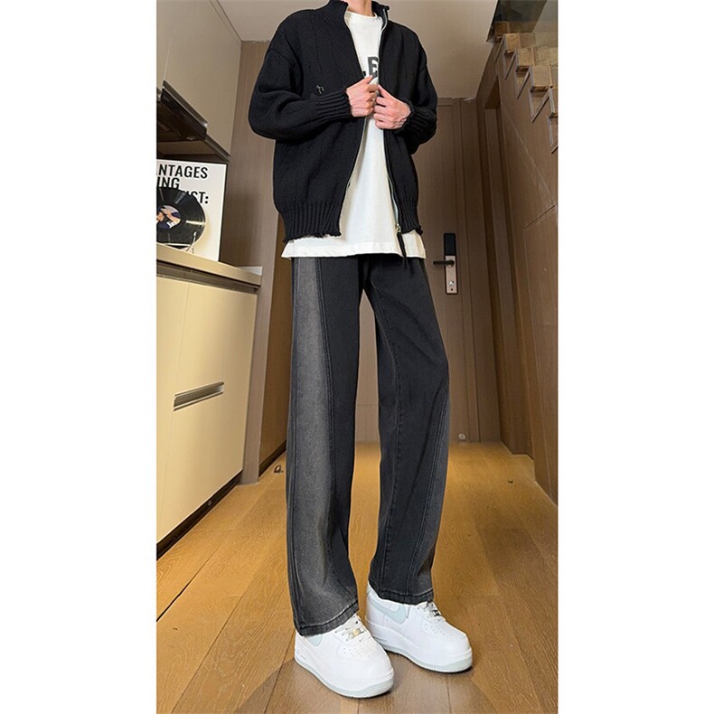 现货 黑紫色拼接宽松阔腿直筒撞色休闲牛仔裤男女 K5820-P50 控78图片