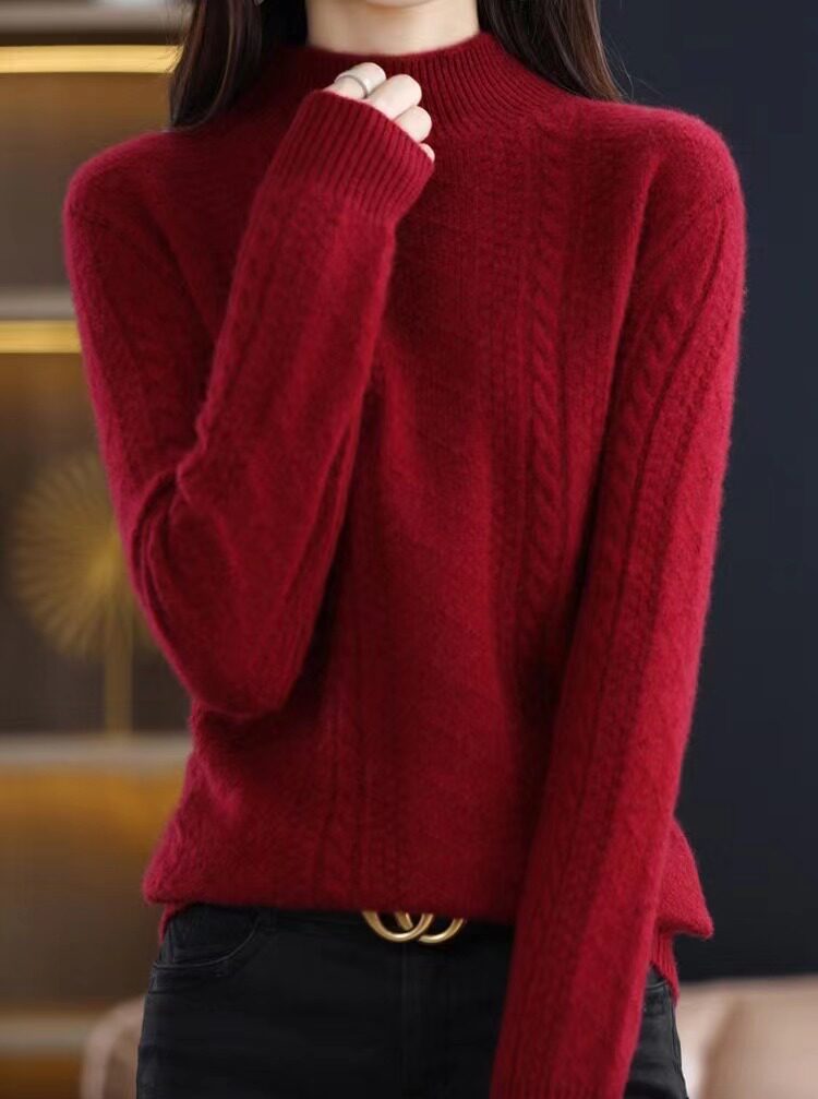 秋冬新款针衫女半高领加厚扭花宽松套头针织打底,针织衫/毛衣,牧思羊