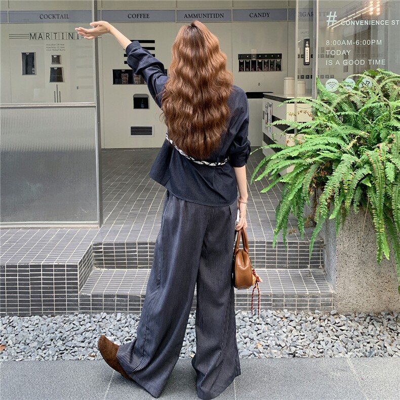 复古气质丝带收腰上衣两件套2025新款秋季日系宽松条纹阔腿裤套装,女装套装/套裙,2C050