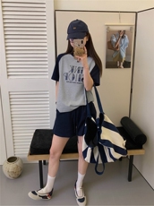 2025舒适百搭简约撞色插肩短袖+短裤套装，女装套装/套裙，湘姗