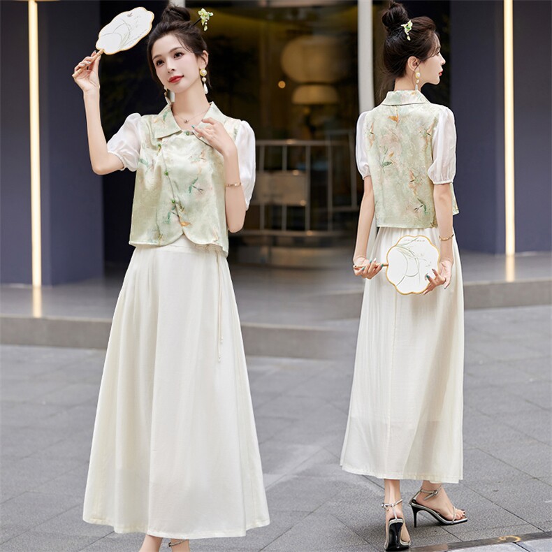 新中式改良旗袍套装裙女2024夏新款气质翻领印花上衣半身裙两件套，女装套装/套裙，星期衣