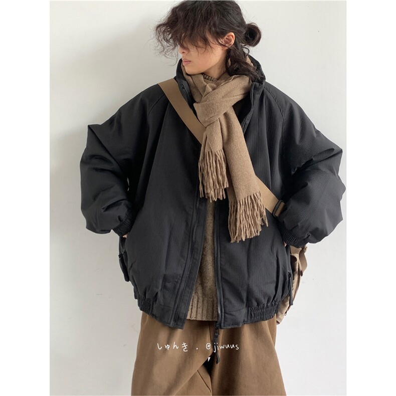 慵懒日系美式复古加绒加厚立领工装棉服男女冬季潮牌情侣保暖棉衣图片