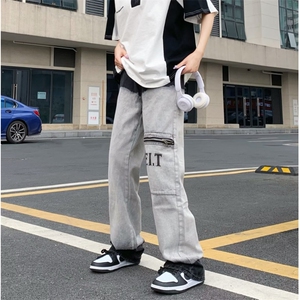 美式高街牛仔裤男韩版潮流做旧字母拉链2023秋夏ins长裤RK787-P60图片