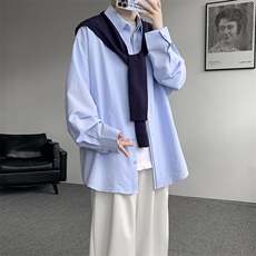 送针织披肩蓝条纹长袖衬衫男设计感小众宽松廓形衬衣CS536P75，男装衬衫，电商D206-1