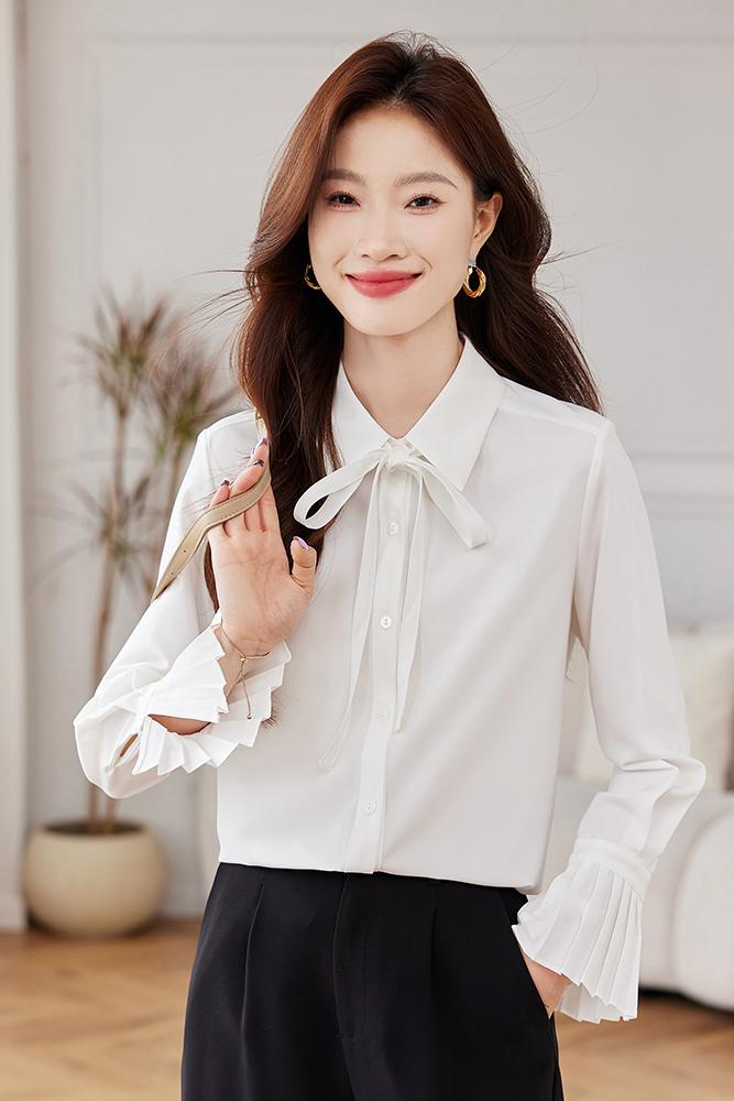 通勤打底蓝色衬衫女职场百搭可拆蝴蝶结内搭早秋新款衬衣,女装衬衫,梦白服饰厂