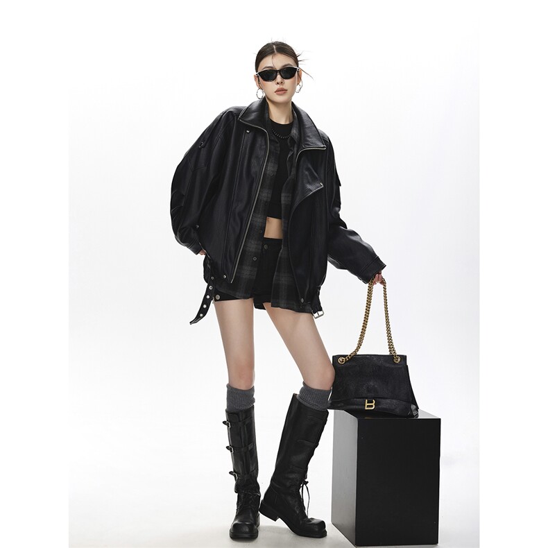 荔枝纹高端双层领廓形设计大码M-5XL机车皮衣JK78095特P118控178，男装皮衣，星座227-7