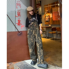 复古豹纹牛仔背带裤女春季宽松独特百搭直筒长裤潮KN612，男装休闲裤，星座1116A-1（原606A）