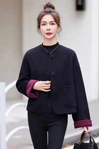 里外撞色双面呢短款外套2026年冬季新款手工双面呢时尚羊毛大衣女图片