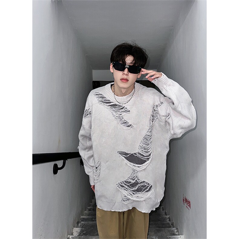 不规则撞色破洞针织衫男秋季复古宽松圆领毛衣XZ514-2-24263-P86,男装针织衫/毛衣,星座514-2(原B239)