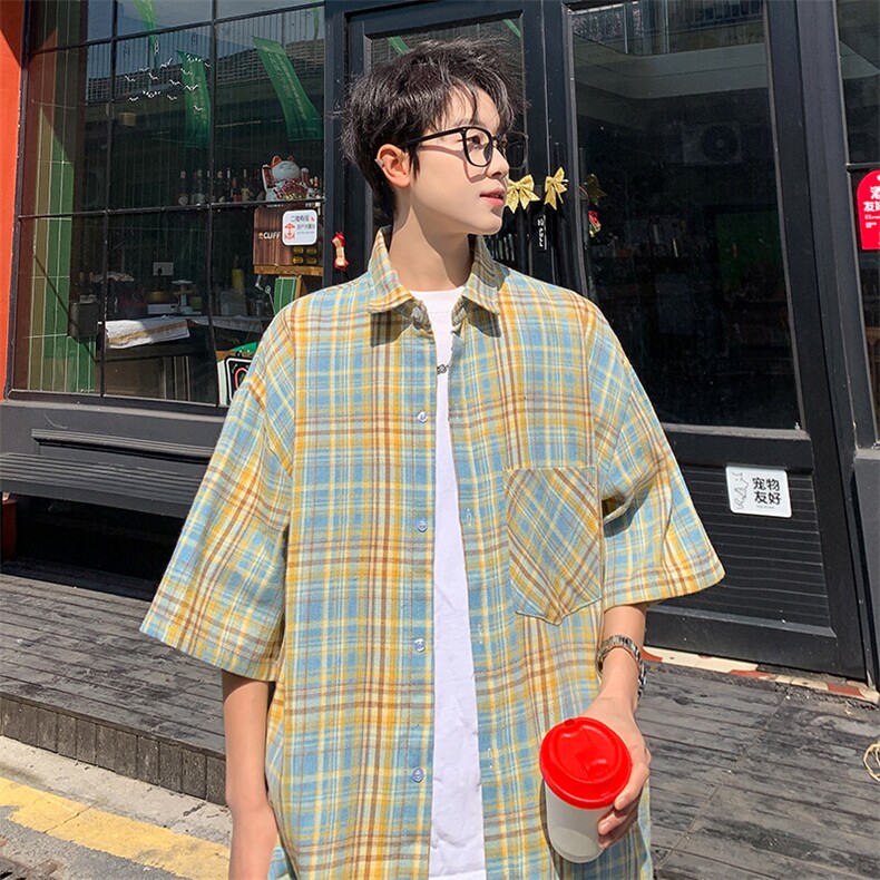 短袖衬衫男夏季新款磨毛格子衬衣DX711-特批25无差价,男装衬衫,星座214-3
