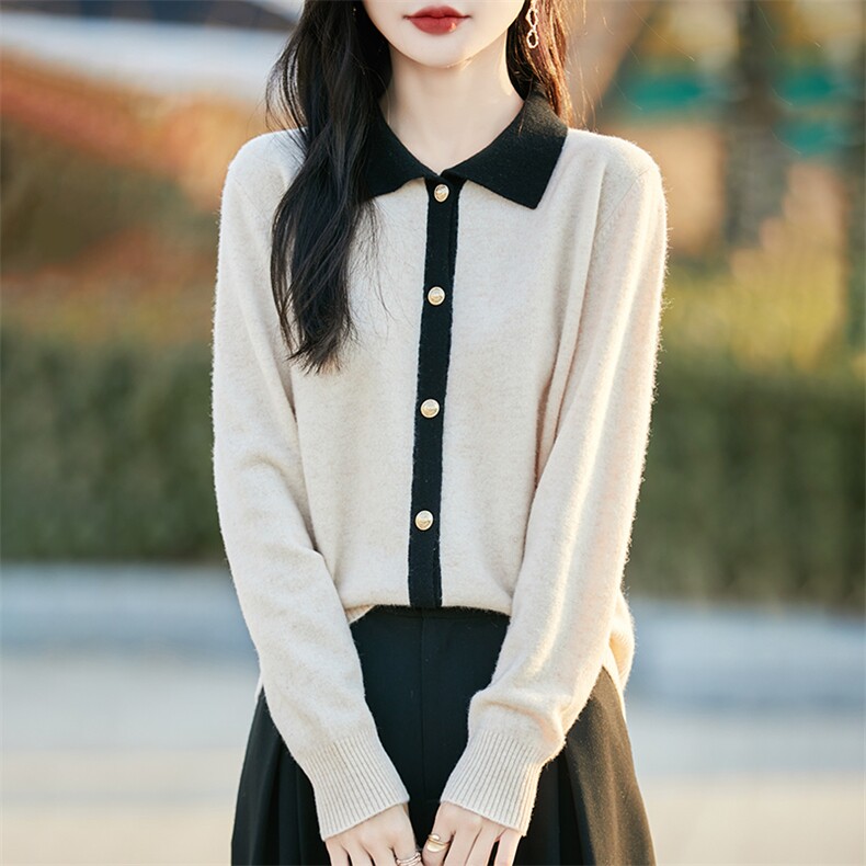 小香风100%纯羊毛开衫女POLO领拼色针织外套上衣宽松羊绒毛衣衬衫,女装羊毛衫,蒙特羊绒