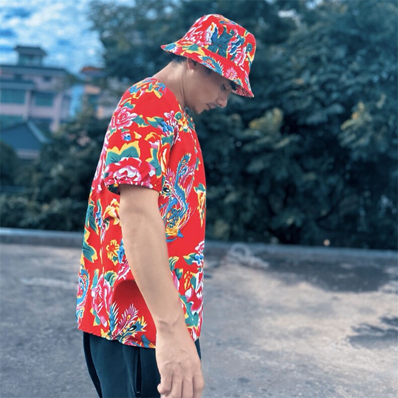 HT203夏男休闲东北大花民族风牡丹花圆领短袖T恤青少年大码男女潮，男装T恤，星座115A-2