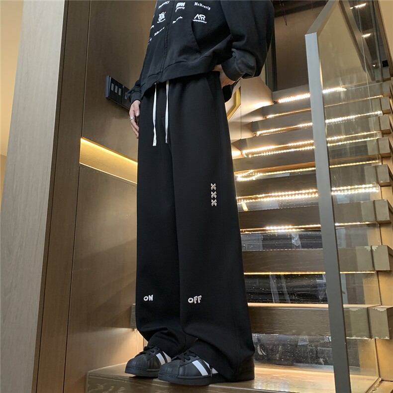 现货, 美式休闲裤男秋冬刺绣直筒裤卫裤宽松阔腿裤长裤P50-控78图片