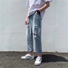 破洞牛仔裤男潮流日系复古韩版潮牌直筒宽松九分裤N0364-P35，男装牛仔裤，星座308B-2