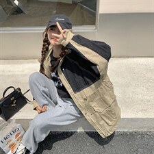 现货主推牛仔拼色时尚中长款外套，女装风衣，菡迪欧娜