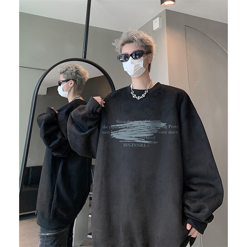 秋季港风宽松麂皮绒圆领卫衣男女潮百搭情侣上衣外套WH8826-P45,男装卫衣,电商B295