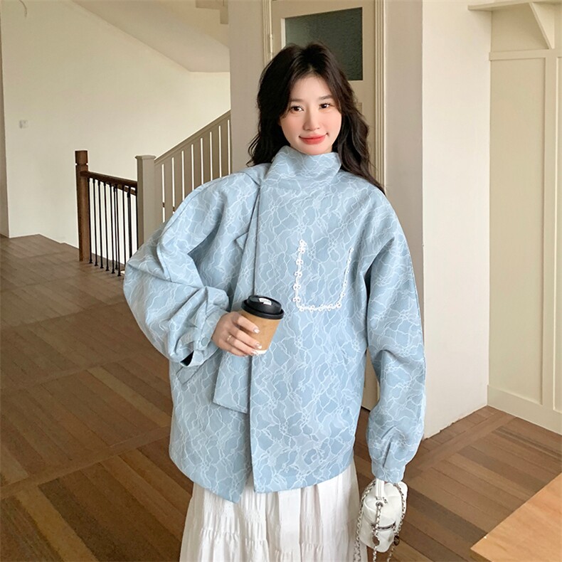 蓝色提花休闲外套女2025年春季新款独特设计感超好看宽松夹克上衣,女装短外套,2C031