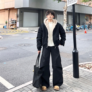 现货高品质美式高街冬季重磅硬挺短款座山雕毛领棉衣男女加厚外套图片