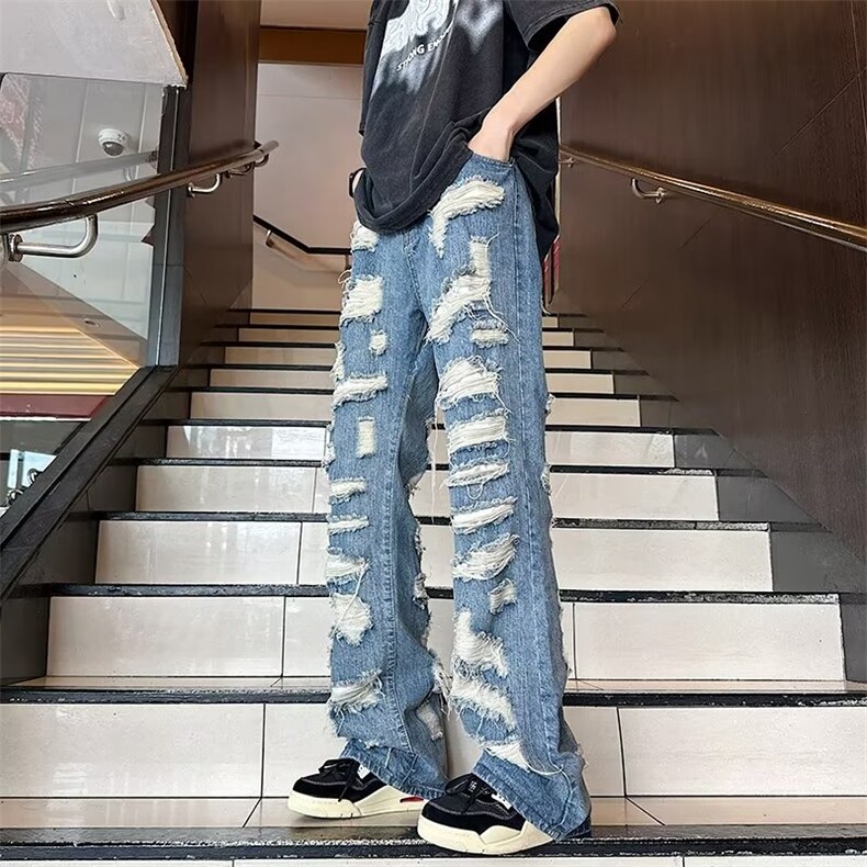 美式vibe牛仔裤男破洞乞丐裤子高街潮牌hiphop老爹裤RK546-P51,男装牛仔裤,星座412-2