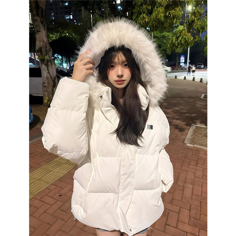 白色短款可拆卸毛领羽绒棉服男冬季保暖棉衣外套美式情侣装面包服图片