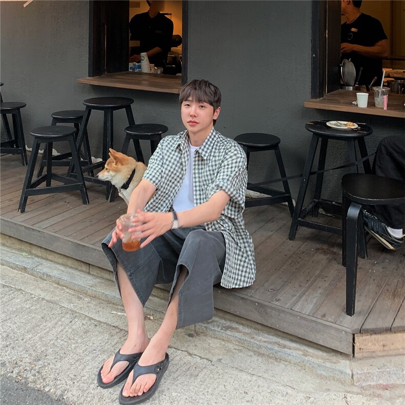 格子短袖衬衫男女夏季新款潮牌宽松开衫休闲情侣衬衣外套928P45,男装T恤,星座710