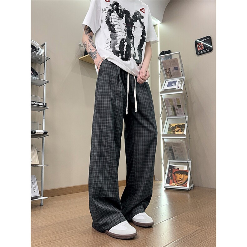 XK468-P35灰色格子裤男夏季薄款慵懒松弛感美式休闲阔腿直筒裤,男装休闲裤,电商A178