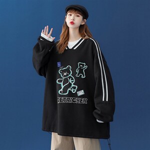 2024春装新款 流行小熊印花宽松拼接抽绳宽松V领卫衣 B03 P55控68图片