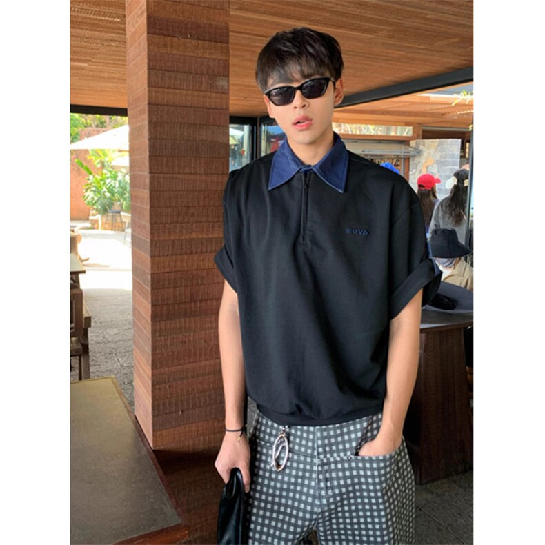 美式复古假两件翻领拼接半拉链polo衫短袖T恤男T0008,男装T恤,星座1116A（原606A-3）