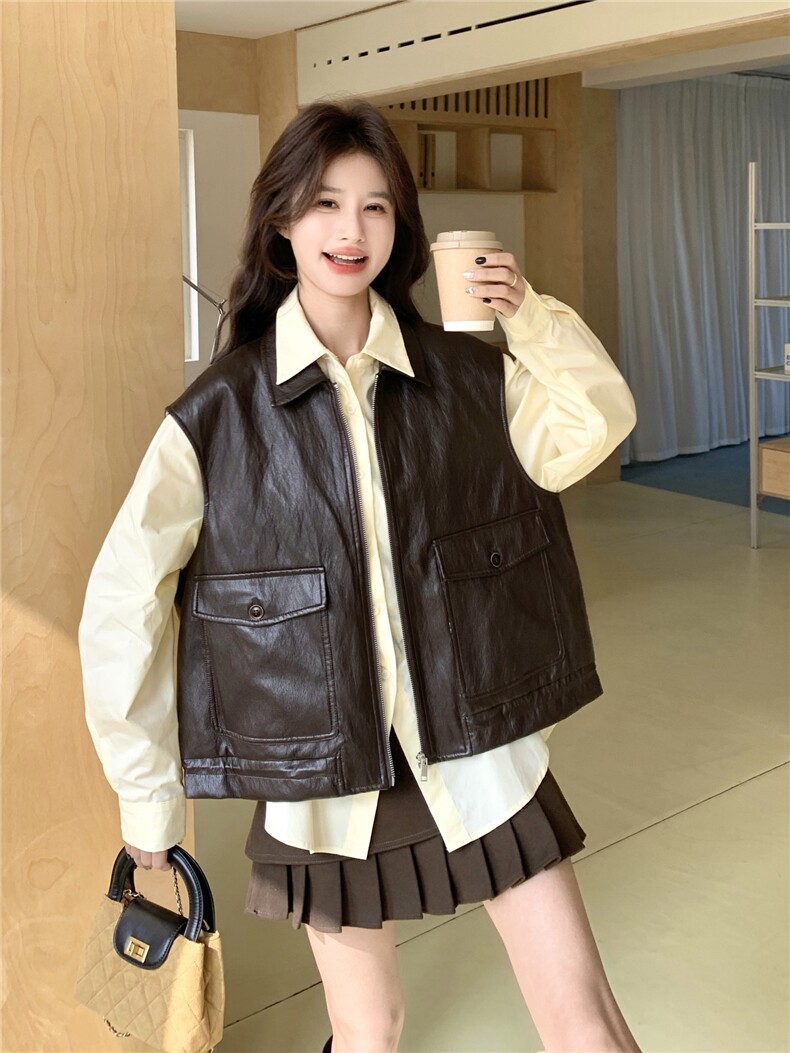复古风咖色皮衣马甲衬衫套装女2026春新款减龄高级感小个子两件套,女装套装/套裙,艾米莉亚