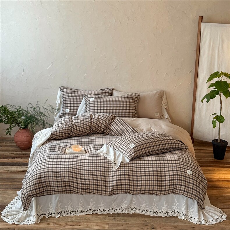2026春夏新品全棉色织水洗双层纱绉纱格子法式荷叶边四件套，床品套件，一起卖家纺