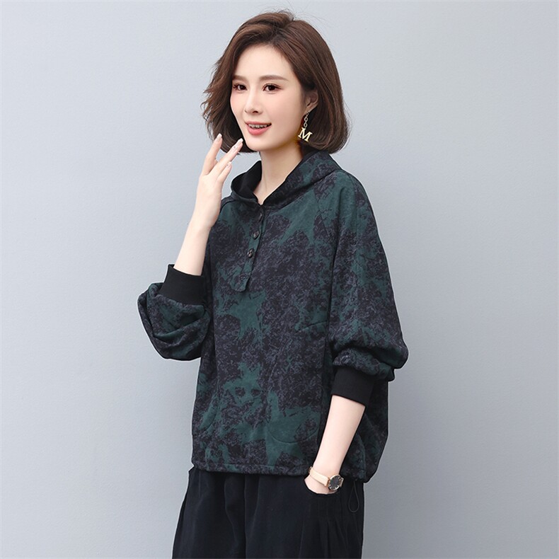 长期现货印花连衣帽卫衣女2025春秋款洋气大码宽松显瘦休闲上衣，女装卫衣/绒衫，涵誉