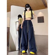 藏青色条纹爵士舞阔腿裤女夏季杠条束脚休闲拖地长裤K6280-P39，男装休闲裤，星座412-3