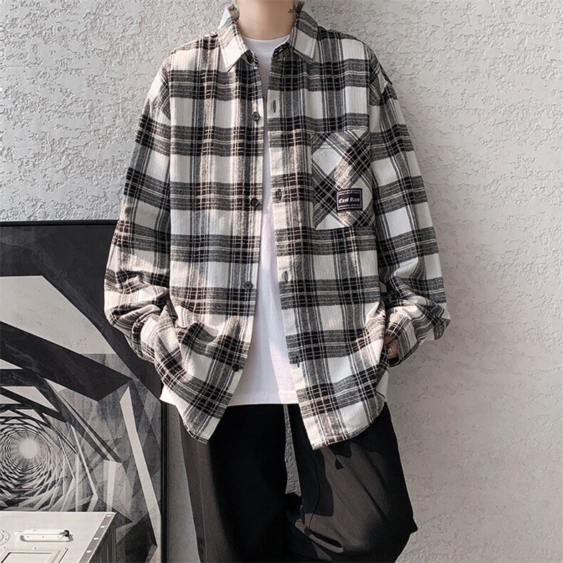 wassup happy格子衬衫套装男士春秋季潮流宽松长袖衬衣服一套搭配图片