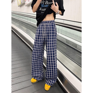 美式高街潮牌男女泡泡格子休闲裤直筒宽松慵懒显瘦阔腿休闲长裤子图片