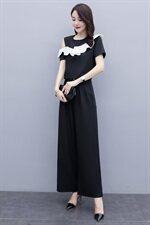 2021夏款新款露肩荷叶边拼接上衣+高腰双排扣阔腿裤套装，女装套装/套裙，瑶迪依秀