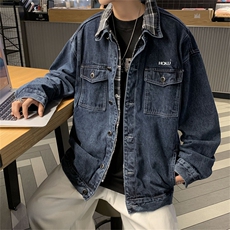 高品质春款男假两件牛仔夹克格子拼接字母印花外套JK076P85，男装夹克，星座1013-1